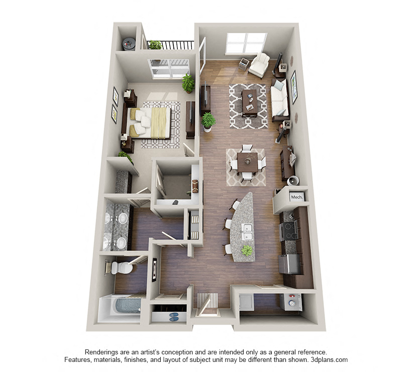 Floor plan for 1 bed, 1 bath, 1005 sqft